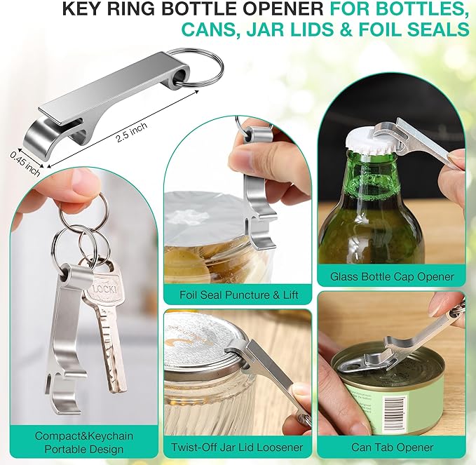 Jar Openers for Weak Hands, 4 Piece Kitchen Opening Set with 5 in 1 Bottle Opener, Adjustable Stainless Steel Jar Opener and 2 Keychain Bottle Openers, Easy Grip Solution for Seniors & Arthritis