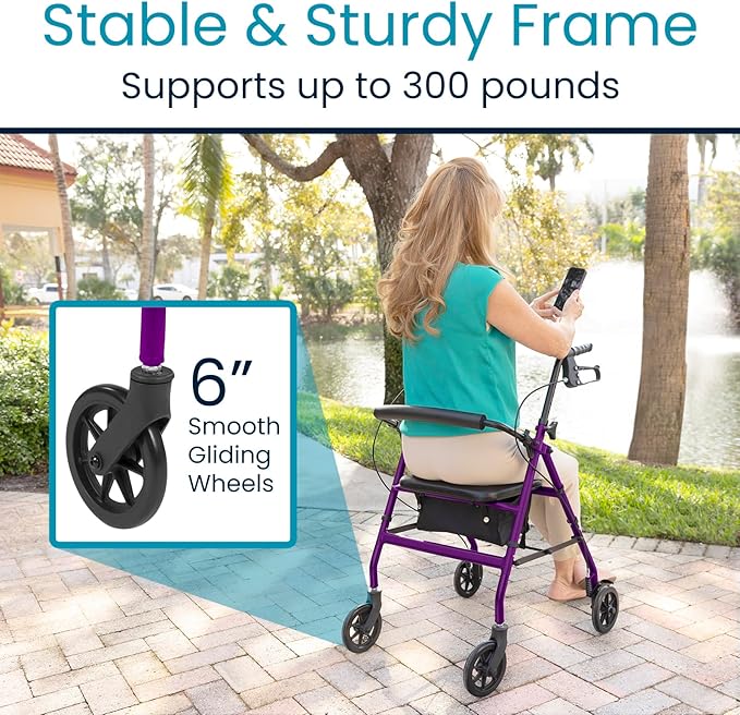 Vive Ultra Lightweight Rollator Walker with Seat - Foldable, Narrow, Rolling Senior Walker for Small Spaces - 4 Wheel Aluminum Adult Easy Drive Aid with Underseat Accessory