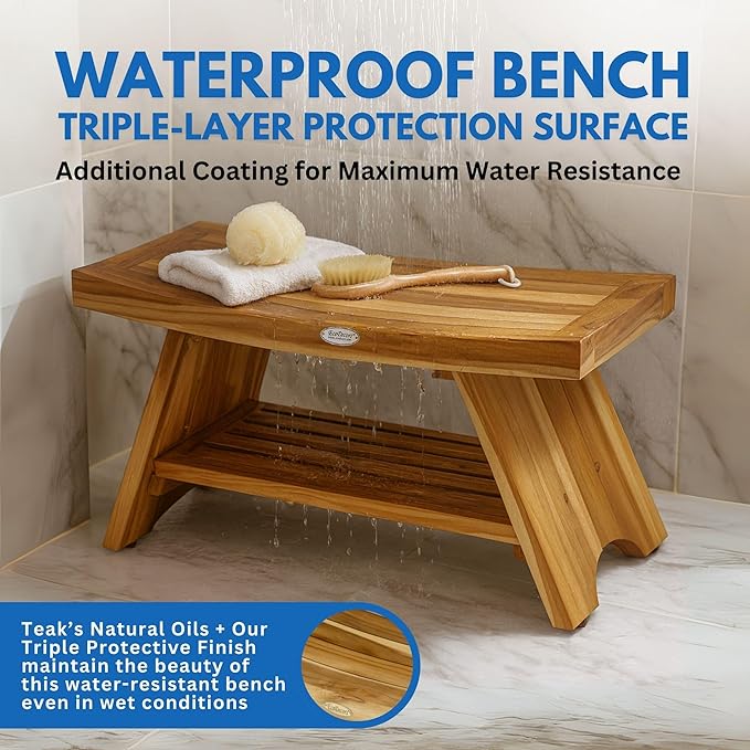 EcoDecors 30 Inch Serenity Teak Shower Bench – Waterproof Bathroom Seat-Large Storage Shelf for Adults & Senior-Spa-Style Teak Wood Stool-Non-Slip Feet-Elegant Finish-300 Pound Capacity