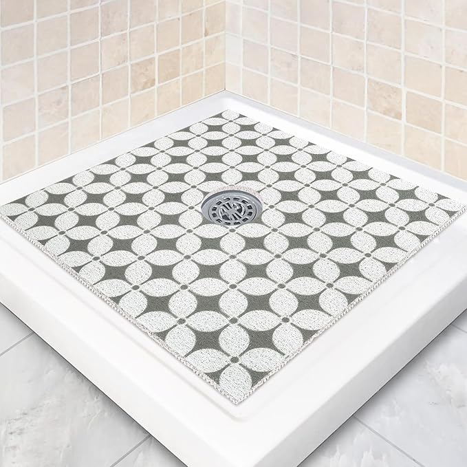 Square Shower Mat Non Slip: 32 x 32 Inch Extra Large Shower Mats with Drain Hole in Middle - PVC Loofah Anti Slip Shower Floor Matt for Inside Shower