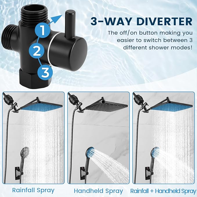 Filtered Shower Head with Handheld Combo,11.8 Inch Large Rectangular Black Rain Shower Head with 5 Modes Handheld Spray Combo,Adjustable Double Shower Heads with Holder and 11'' Extension Arm