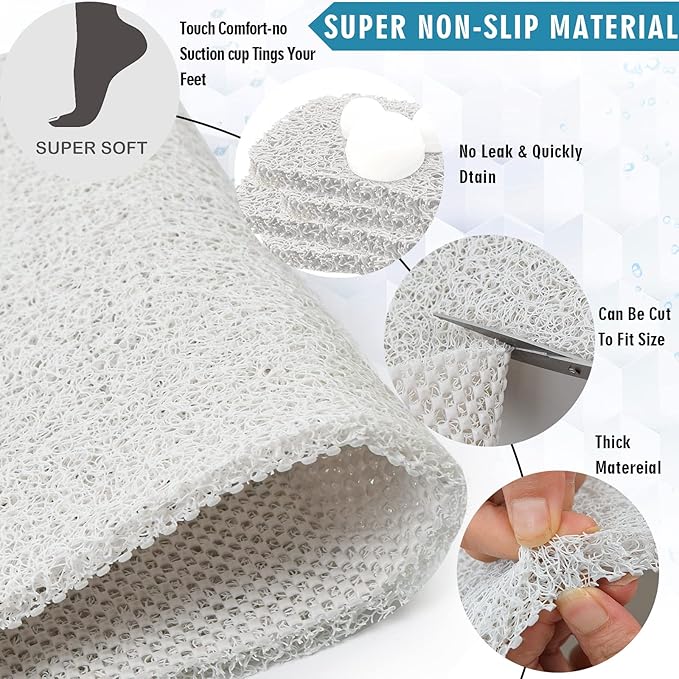 godehone Shower Mats Non Slip Without Suction Cups, PVC Loofah Bathroom Mats, Loofah Mats for Shower and Bathroom, Quick Drying, 23.6× 47.2 Inch, White