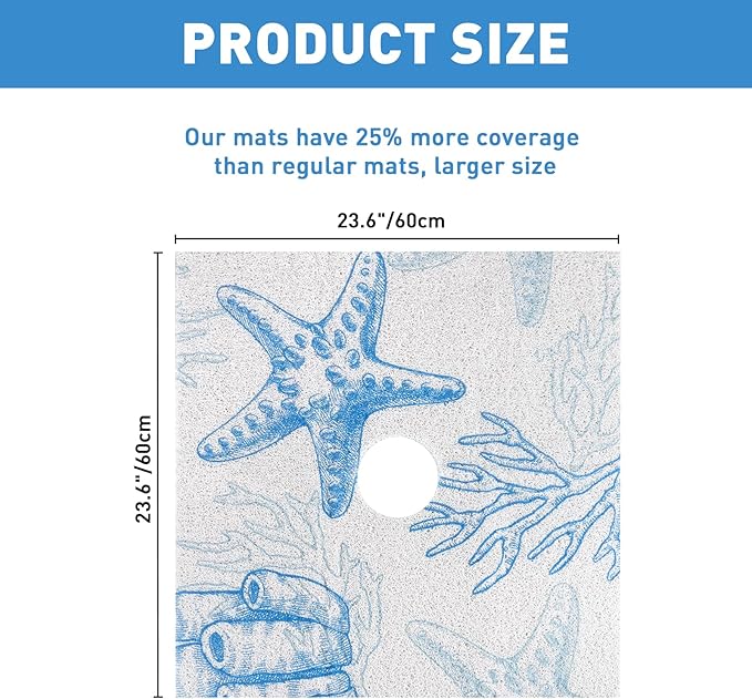 Square Shower Mat Non Slip: 24 x 24 Inch Extra Large Shower Mats with Drain Hole in Middle - PVC Loofah Anti Slip Shower Floor Matt for Inside Shower