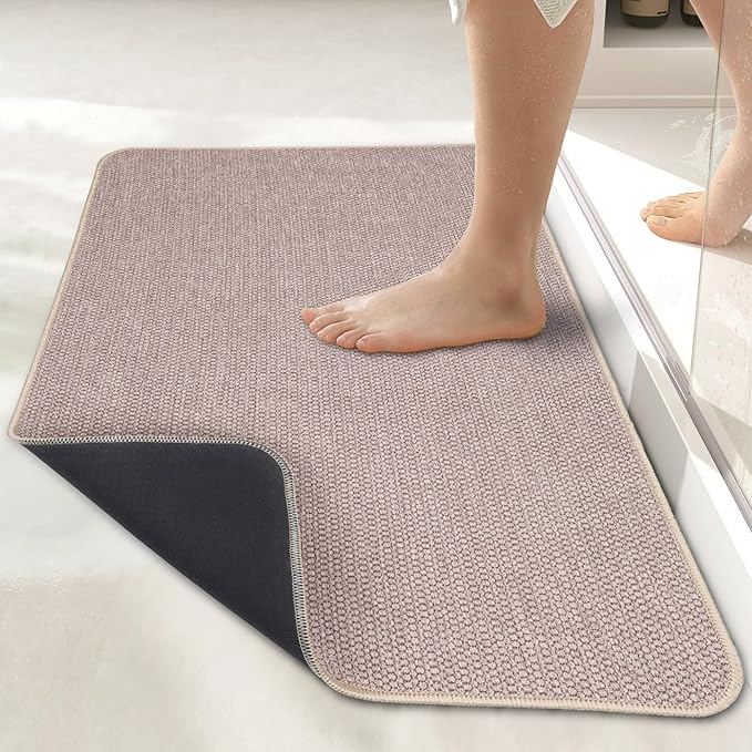 Bosap Bath Mat,Ultra Thin Bathroom Runner Rugs,Large Bath Mats for Bathroom,Quick Dry,Non-Slip,Machine Washable,Low Pile,Bath Rug,Shower Outside,Sink,Home Decor Accessories.Beige,3'x4'(36x48inch)