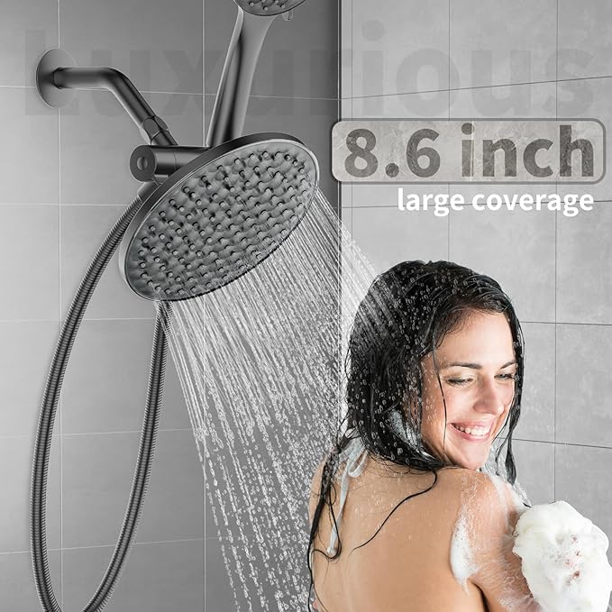 dual shower head with handheld combo,8.6 inch Rainfall showerhead,6 settings hand held shower heads with hose (Matte Black)