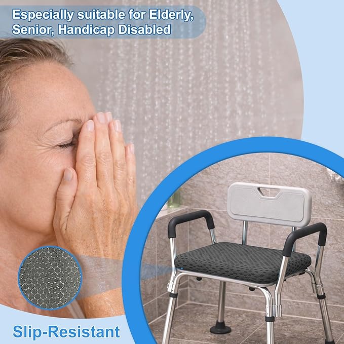 SPRING SEAON Shower Chair Cushion, Gel Shower Seat Cushion with Non-Slip Silicone Bottom, Quick-Dry Mesh Bath Seat Pad, Soft Washable Shower Bench Cushion for Seniors & Adults (Grey)