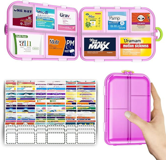 Pill Organizer Travel Medicine Case - Daily Pill Organizer with 144 Labels, Portable Travel Essentials for Medication