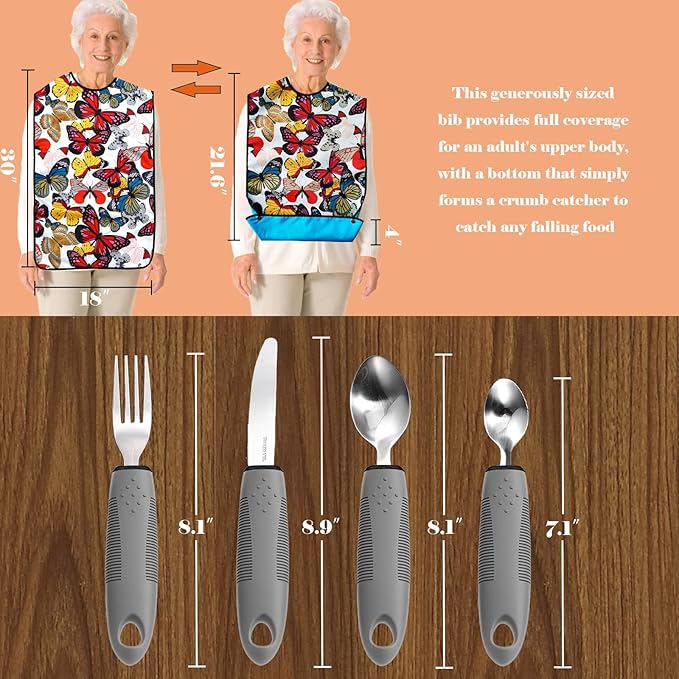 Adaptive Utensils with Adult Bibs for Women - 4pcs Weighted Utensils Set (2.5oz Each) for Hand Tremors, Elderly, Parkinson's, Arthritis - Non-Slip Easy Grip Handles for Independent Eating