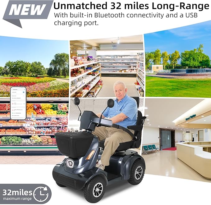 Heavy Duty Mobility Scooter for Seniors/Adults, 500LBS Capacity Electric Scooter, All Terrain Mobility Scooters, 1000W 15MPH, 13.78" Off Road Tires,32 Miles Long Range 4 Wheel Scooter Gary 32Miles