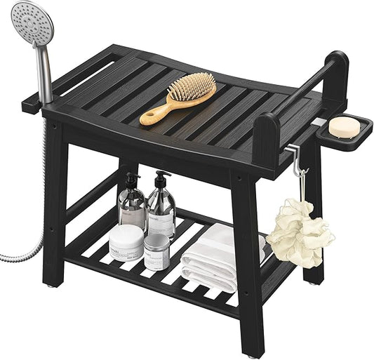Bamboo Shower Benches for Inside Shower to Sit on, 2-Tier Shower Stool Waterproof with Arm, Heavy Duty Bathroom Bench with Storage Shelf and Shower Header Holder for Seniors, Disabled, Women, Black