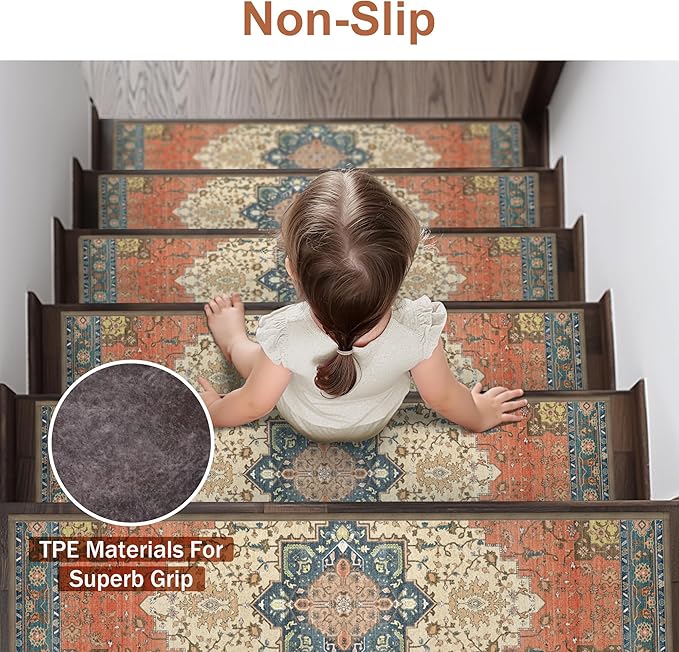 sarben Non Slip Stair Treads for Wooden Steps 15PCS - 8"x30" Indoor Safety Carpet, Edging Mats with TPE Adhesive Backing, Pet and Elderly Friendly Stair Rugs (Red)