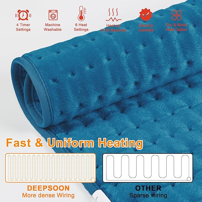 Deepsoon Heating Pad,Electric Heating Pads for Back,Neck,Moist Heating Pad for Abdomen Shoulder Knee Legs,Dry/Moist Heat&Auto Shut Off,Mother's Day Birthday for Men and Women,Blue,24x12 Inch