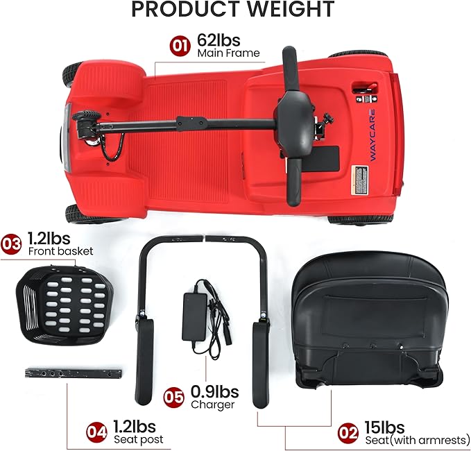 WayCare 15-25 Miles Long Range Mobility Scooter,Weight Capacity 300 LBS+ Powered Mobility Scooters for Seniors, Compact Duty Mobile for Travel with LED Headlight and Detachable Basket(Red)