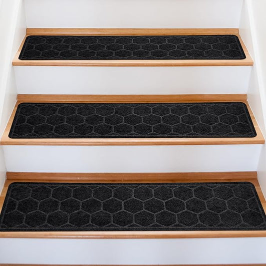 15 Pack 8 "X 30" Non-Slip Carpet Stair Treads for Indoor Wooden Steps, Made of Polyester and Reusable Adhesive, Suitable for Kids Elders and Pets（Black Hexagon）