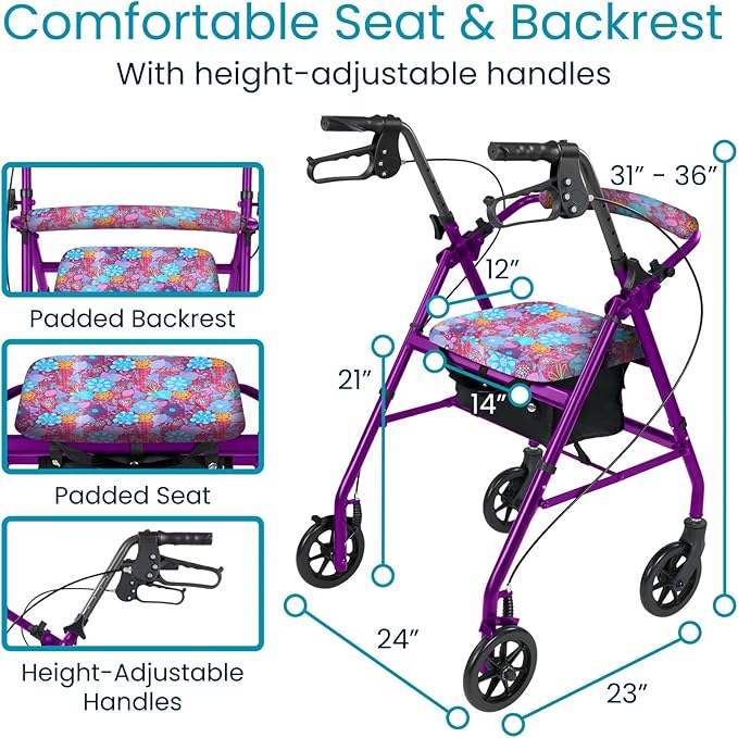 Vive Ultra Lightweight Rollator Walker with Seat - Foldable, Narrow, Rolling Senior Walker for Small Spaces - 4 Wheel Aluminum Adult Easy Drive Aid with Underseat Accessory