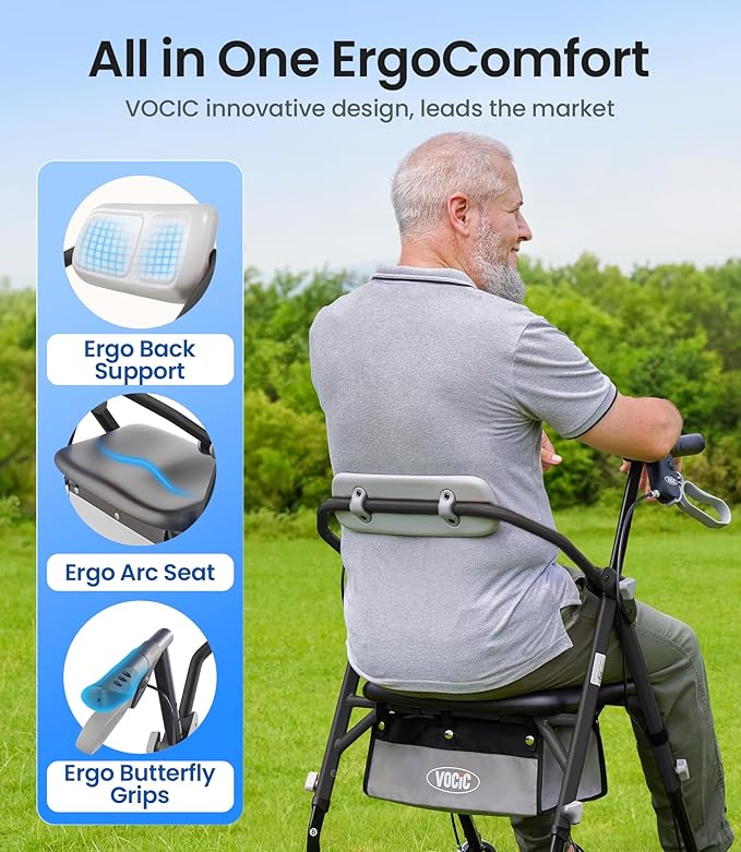 VOCIC Walkers for Seniors, Z12 Rollator Walker with Seat, Ergo Seat & Backrest, Foldable Rollator Adjustable Height, All Terrain Walker, Ultra Light