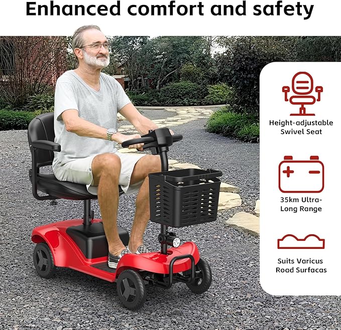 Mobility Scooter for Adults,4 Wheel Mobility Scooter,28 Miles Range,300LBS Capacity,Lightweight and Portable,with LED Headlights and Basket,Charger Included,Gifts Suitable for Elders,red