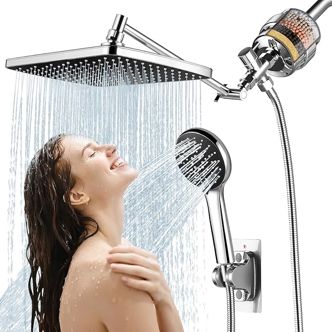 Filtered Shower Head with Handheld Combo,11.8 Inch Large Rectangular Chrome Rain Shower Head with 5 Modes Handheld Spray Combo,Adjustable Double Shower Heads with Holder and 11'' Extension Arm