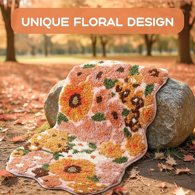 TRUEDAYS Wildflower Floral Bathroom Rug - Cute Tufted Non Slip Soft Flower Shaped Bath Mat, Washable Farmhouse & Cottagecore Bathroom Decor - Aesthetic Orange Rug for Vanity, Tub, Entryway