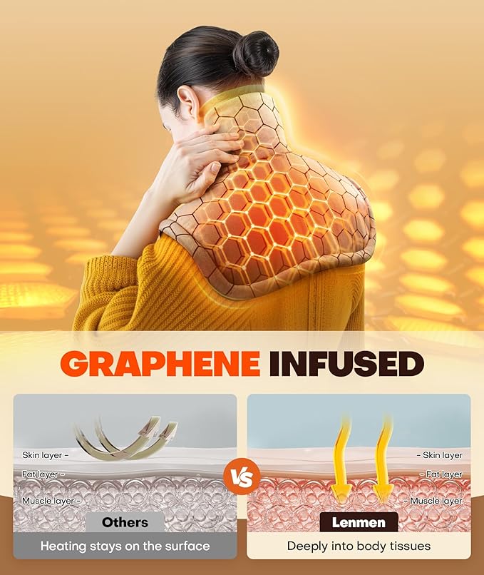 Lenmen Graphene-Infused 1Min Fast Heating Pad, Deeper Pain Relief Weighted Heating Pads for Neck and Shoulders and Back, Heated Wrap with 6 Heat Options 4 Auto Timer, Gifts for Men Women Mom Christmas
