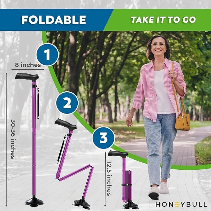 HONEYBULL Walking Cane for Men & Women Foldable, Adjustable, Heavy Duty, Free Standing, All Terrain, Collapsible Walking Sticks for Seniors & Adults