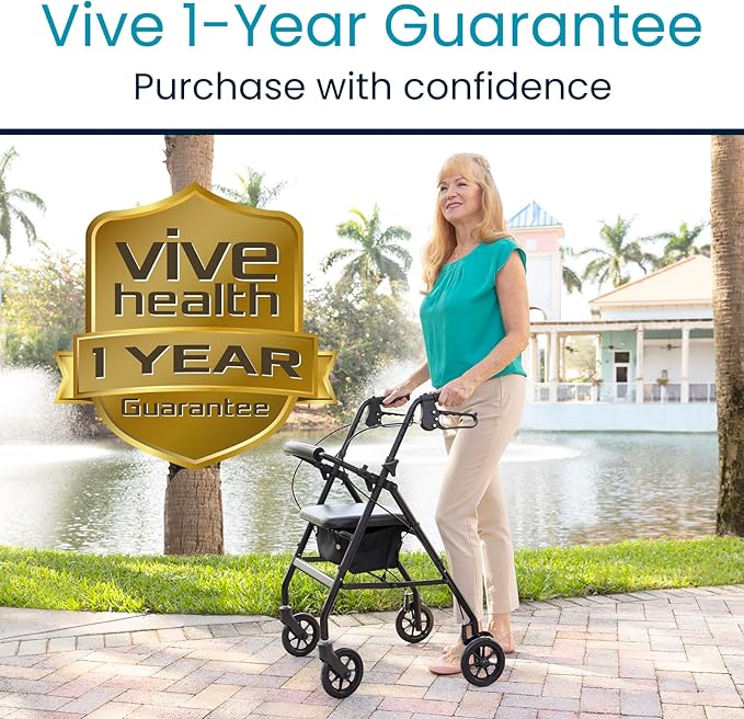 Vive Ultra Lightweight Rollator Walker with Seat - Foldable, Narrow, Rolling Senior Walker for Small Spaces - 4 Wheel Aluminum Adult Easy Drive Aid with Underseat Accessory