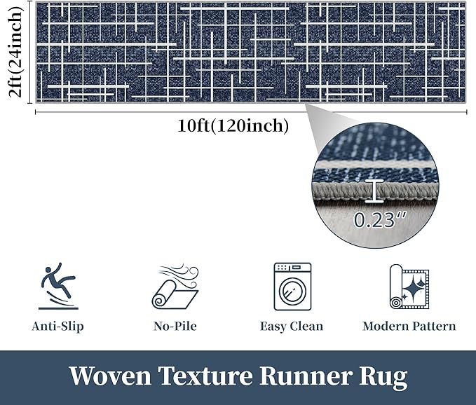 Non Slip Hallway Runner Rug 2x10, Blue Modern Distressed Stripe, Washable Long Rug, Woven Thin Low Pile Carpet Runners for Hallway 10ft Entryway, Kitchen, Walkway- Blue