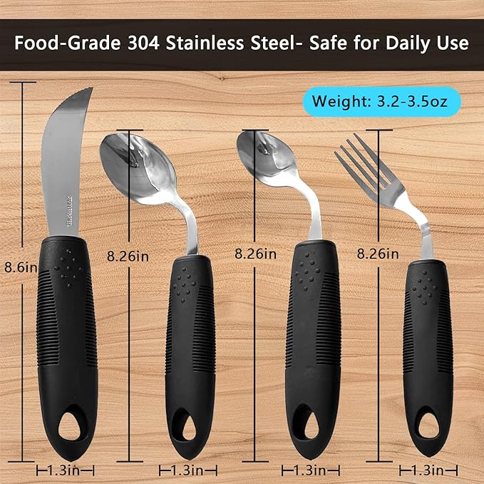 4Pcs Weighted Adaptive Utensils, 45°Angled Built up Utensils Set for Hand Tremors, 3.5oz Parkinsons Utensils for Elderly, Hand Tremors, Parkinson & Disabled Care Gift Pick (Right-Handed)