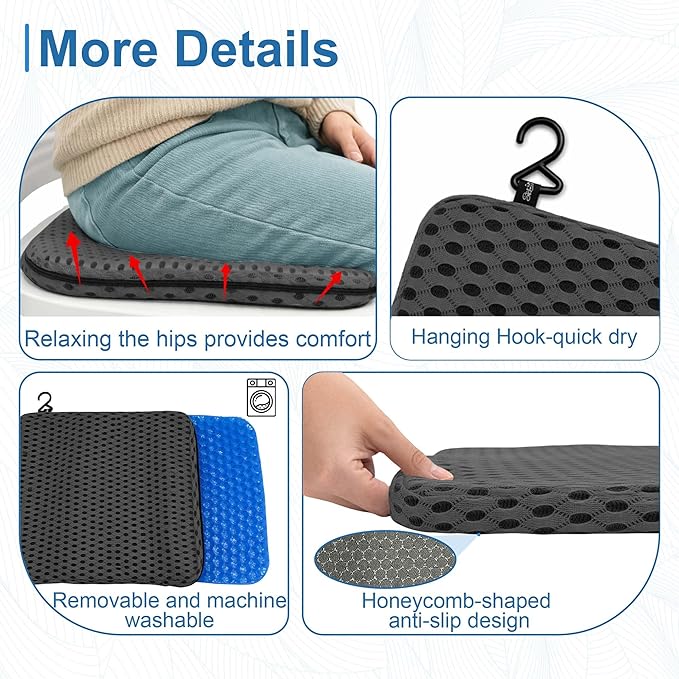SPRING SEAON Shower Chair Cushion, Gel Shower Seat Cushion with Non-Slip Silicone Bottom, Quick-Dry Mesh Bath Seat Pad, Soft Washable Shower Bench Cushion for Seniors & Adults (Grey)