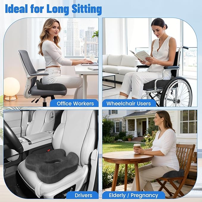 Wheelchair Seat Cushion, Premium Memory Foam Office Chair Cushion, Supportive Donut Pillow for Sciatica, Tailbone & Back Relief, Ergonomic Long Sitting Chair Pad for Car, Airplane, Grey