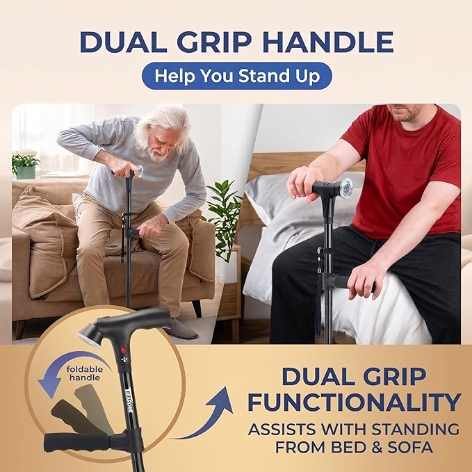 Walking Cane for Men & Women, 3-in-1 Folding Cane with Alarm and Light, Adjustable, Free Standing, Collapsible Walking Stick for Seniors Balance with a Second Handle