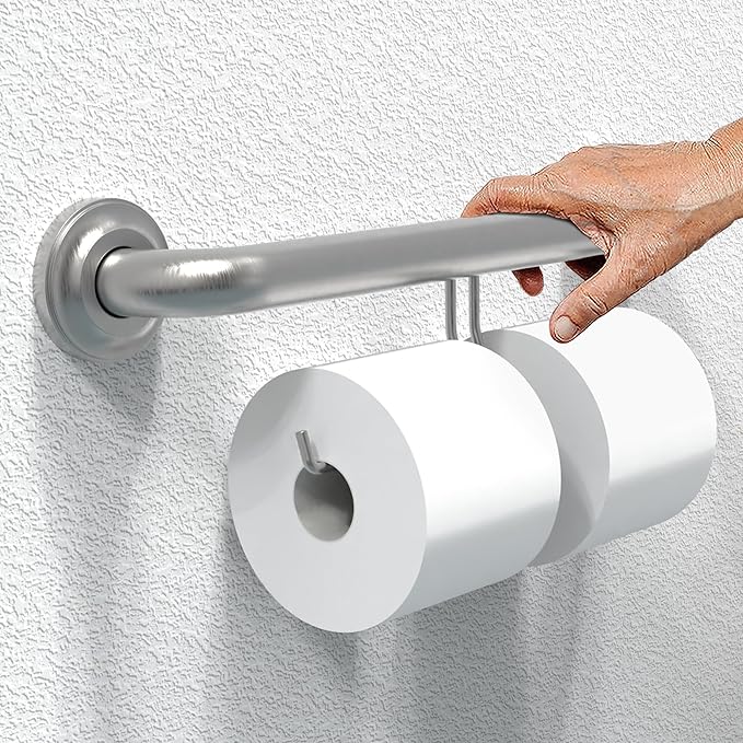 ADA Compliant Grab Bar with Toilet Paper Holder (2 Mega Rolls), 500lbs Weight Support, 1-1/4 x 16 inch for Stud Mount, Brushed Nickel