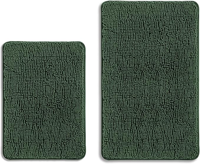 Dark Green Bathroom Rugs Sets 2 Piece – Absorbent and Washable Bath Mat, Non-Slip, Thick Soft Chenille Bath Rugs for Bathroom Floor, Shower, Sink - 17" x 24"+20" x 32"