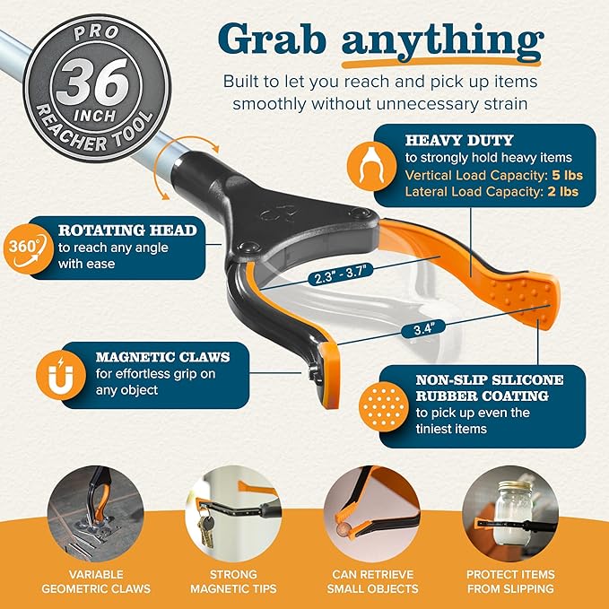 EZPIK Pro 36" Flexible Folding Grabber Tool for Elderly + Magnets, Reacher for Disabled & Seniors Heavy Duty Rotating Grippers for Reaching Underneath, Trash Grabbers & Dressing Stick