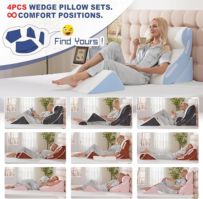 WSOFRLAC 4PCS Wedge Pillow Set for Sleeping – Orthopedic Bed Pillow for Post Surgery, Adjustable Memory Foam Support for Sitting Up in Bed, Back Pain, GERD, Snoring Relief, White Blue