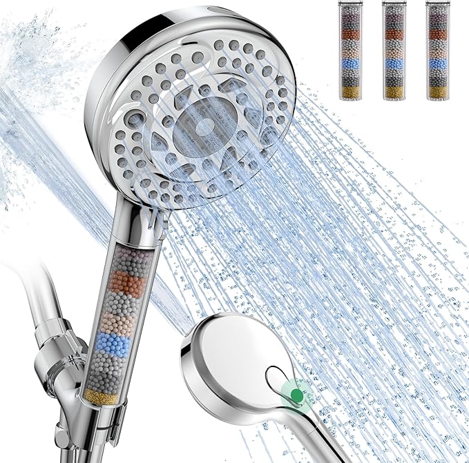 SunCleanse Filtered Shower Head with Handheld,9-Spray Setting High Pressure Detachable Shower Head with 4 Filters for Hard Water - Filter Chlorine, Improve Skin and Hair Texture(4 Filters, Chrome)