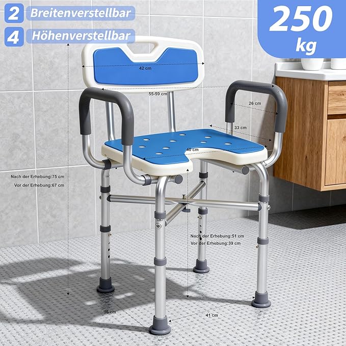 U 2-Level Width Adjustable Heavy Duty Shower Chair for Inside Shower and Tub w/Reinforced X-Bar, 550lbs Shower Seat for Bathtub w/Arms and Back for Seniors, Handicap, Bariatric, Elderly and Disabled