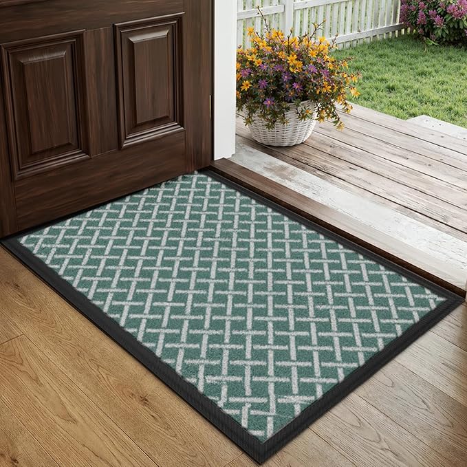 LUMI Front Door Mat 17x30, Low-Profile Non-Slip Welcome Mat for Indoor Outdoor, Stain & Fade Resistant Geometric Door Mat for Entryway Patio Porch, Grid-Teal