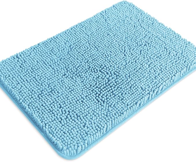 Sky Blue Bathroom Rugs – Absorbent and Washable Bath Mat, Non-Slip, Thick Soft Chenille Bath Rugs for Bathroom Floor, Shower, Sink - 17" x 24"