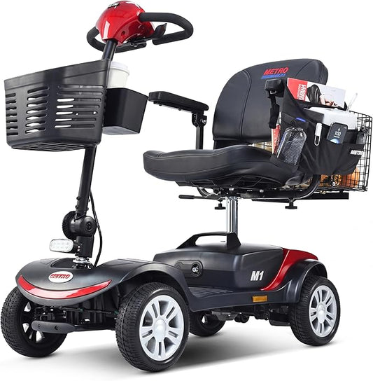 Metro Mobility 4 Wheel Foldable Mobility Scooter for Adults - 300 lbs Capacity Electric Mobility Scooters for Seniors, Travel - Long Range Power Extended Battery with Charger and Basket - Red