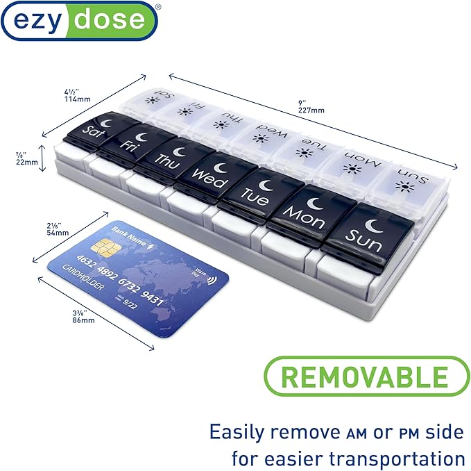 EZY DOSE Push Button (7-Day) Pill Case, Medicine Planner, Vitamin Organizer, 2 Times a Day AM/PM, Removable Trays, Large Compartments, Arthritis Friendly, Spring Open Black and White Lids, BPA Free