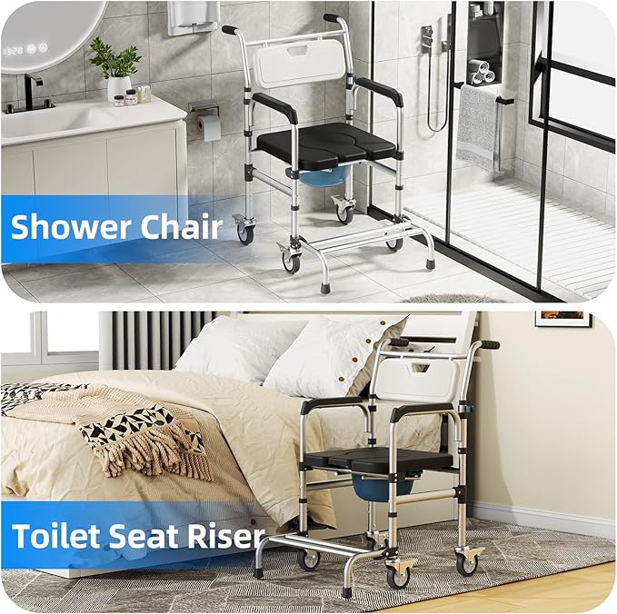 4 in 1 Rolling Bedside Commode Chair with Wheels for Elderly, Shower Chair with Handles, Adjustable Height Raised Toilet Seat for Seniors,Disabled and Pregnant Holds Up to 350 lbs (Black)