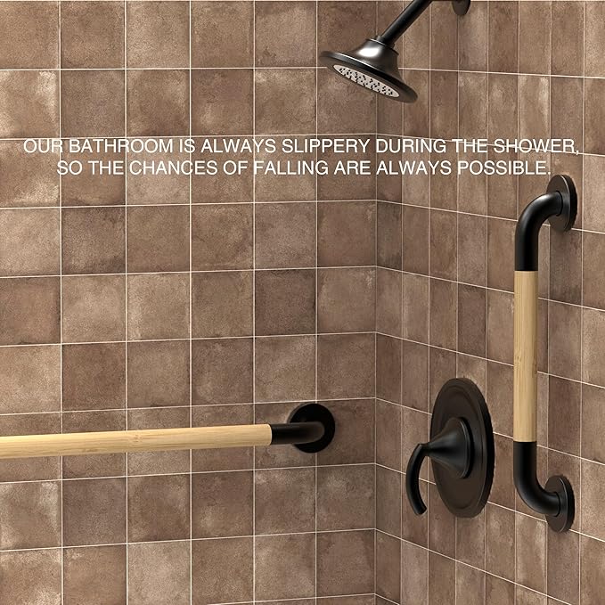 Safety Grab Bar for Bathroom & Toilet, Natural Bamboo Handle, ADA Compliant Balance Assist Handrail for Handicap and Seniors, 18in Matte Black