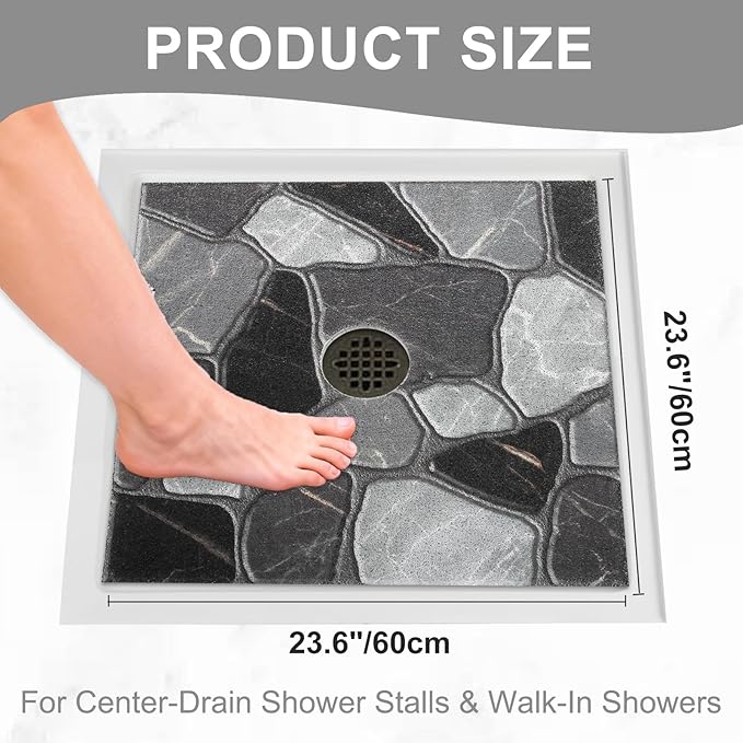 Square Shower Mat Non Slip: 24x24 Inch Extra Large Shower Mats for Inside Shower, Anti Slip Shower Floor Mat, Loofah Shower Stall Mats for Elderly, Non Slip Shower Mat with Drain Hole in Middle