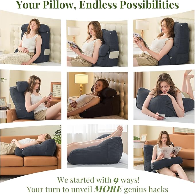 Sasttie Wedge Pillow Set, 2PCS Reading Pillow for Sitting, Bed Wedge Pillow Headborad for Sleeping, After Surgery, Acid Reflux, Leg and Back Support, with Neck Cushion, 23"x11.5"x23", Dark Grey