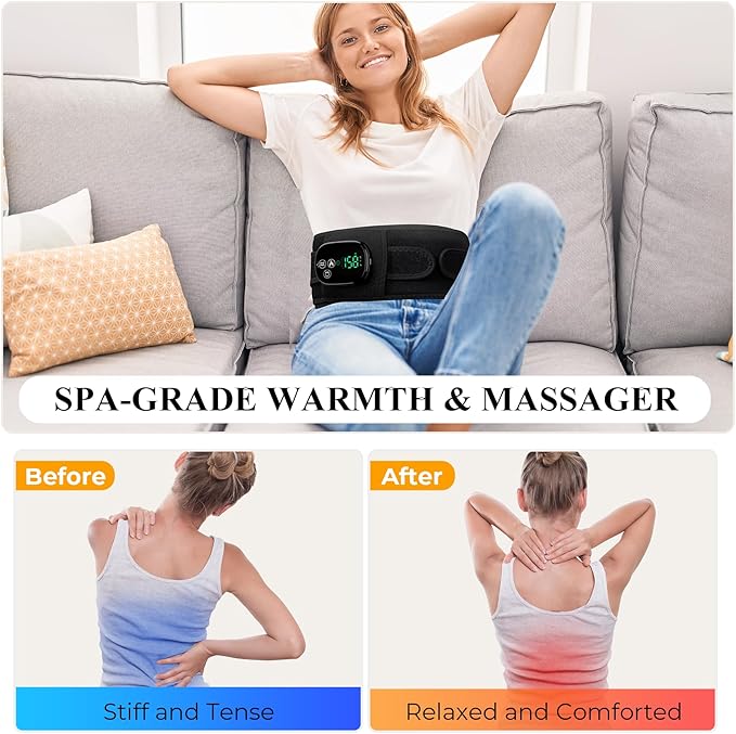 Heating Pad with Massager for Back Comfort, Cordless Lower Back Massager with 6 Heat Levels, Portable Vibrating Heated Belt for Lumbar/Abdominal- Gifts for Women, Men, Mom & Dad