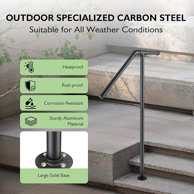 Single Post Handrail for Outdoor Steps - 41" Height Black Powder Coated Steel, DIY Tool Kit Included, Fits 1 or 2 Steps, Easy Installation & Corrosion Resistant
