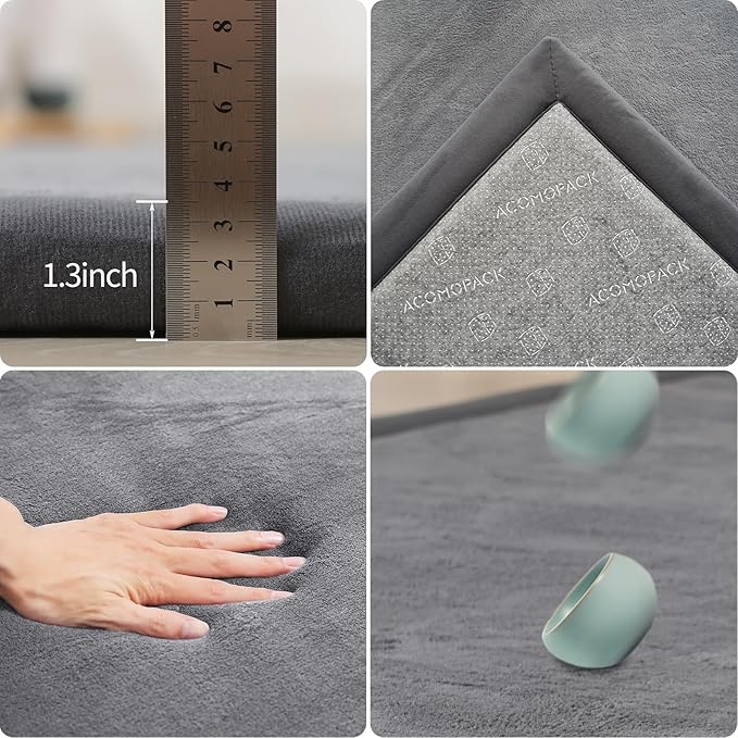 ACOMOPACK Baby Play Mat for Floor 1.3" Thick Memory Foam Play Mat 79"×118" Tummy Time Crawling with Non-Slip Bottom for Living Room,Nursery,Soft Velvet Playpen Mats for Kids,Infants（Dark Grey）
