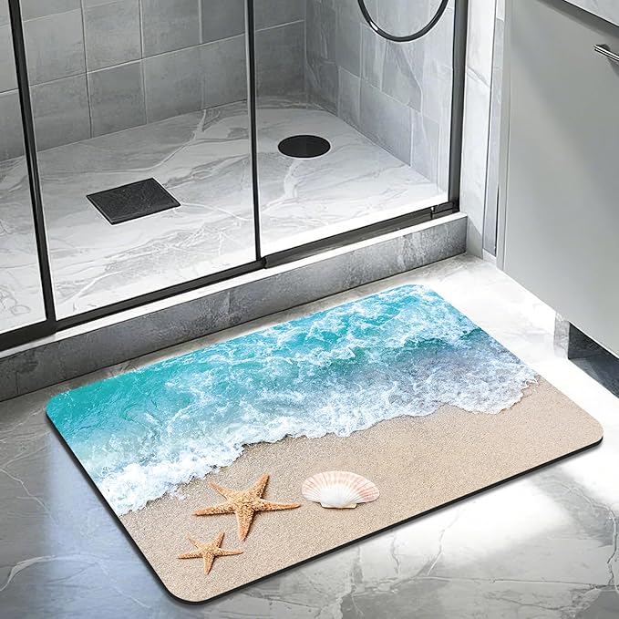 Quick Dry Bath Mat for Bathroom,Super Absorbent Beach Seashell Bath Rug Non-Slip Rubber Backing,Machine Washable Bathroom Floor Mat for Shower, Tub, Sink Area Ocean Blue 30x20