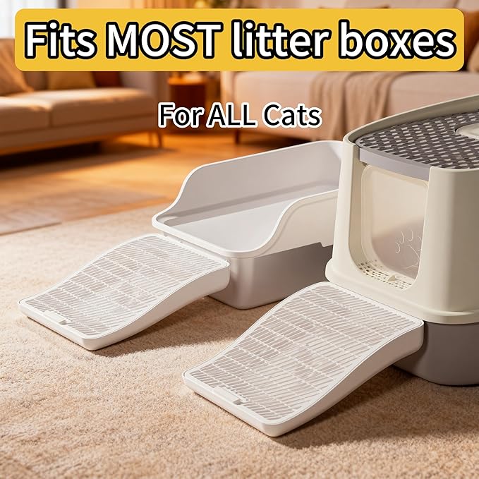Cat Litter Box Step Ramp with Litter Catcher, Non-Slip Trapping Mat for Kittens and Senior Cats, Washable (White, Large)